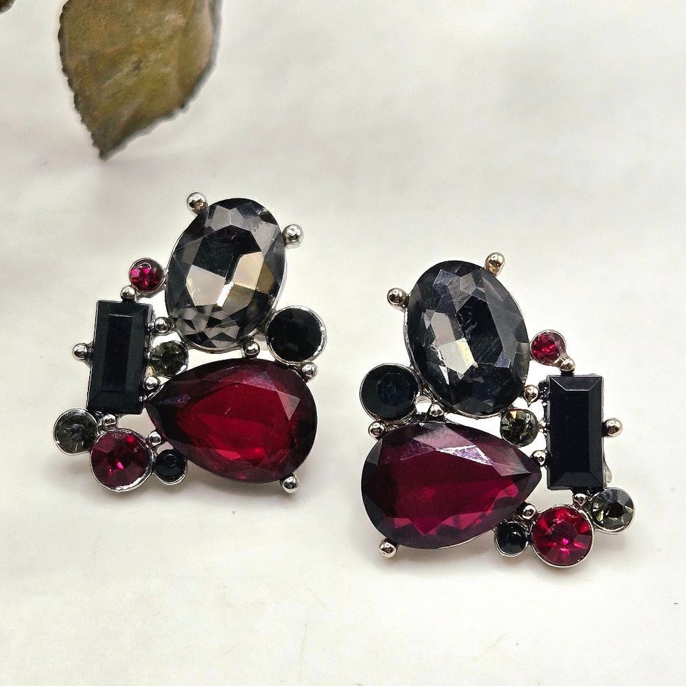 "5/$40" Silvertone Black/Ruby Red Rhinestone Cluster Costume Post Earrings